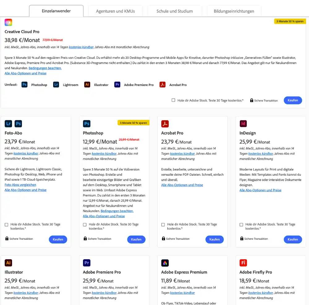 Preise von Adobe Creative Cloud - Übersicht